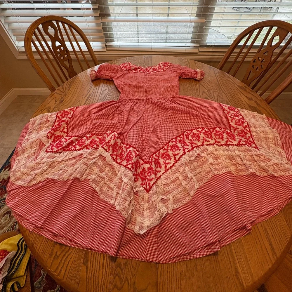 Vintage Nita Smith Red Gingham Embroidered Square Dance Dress Ruffles Lace S - Picture 4 of 10